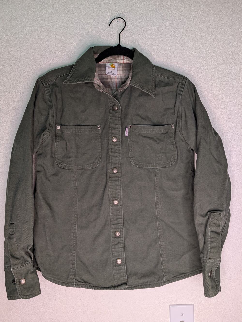 Carharrt Womens Green Long-Sleeved Work Shirt Shacket S Utility Workwear Casual